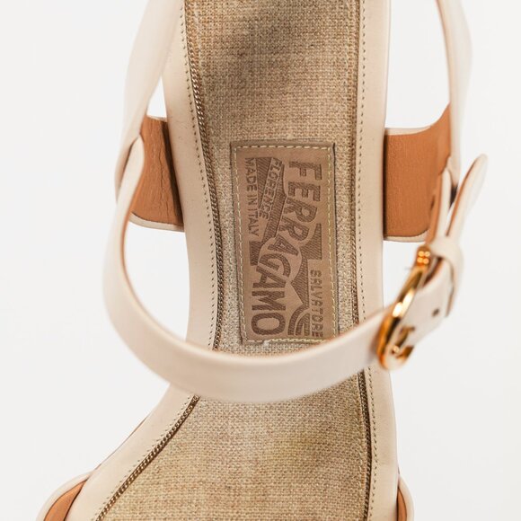 Salvatore Ferragamo Madea Cream Leather & Cork Wedge Sandals - Picture 9 of 10